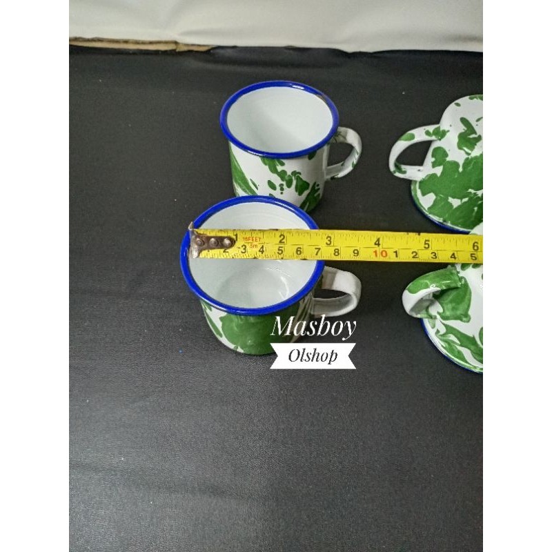 1 Set Teko Enamel Eskan Burik Blirik+Mug 7 cm / Barang Jadul Antik