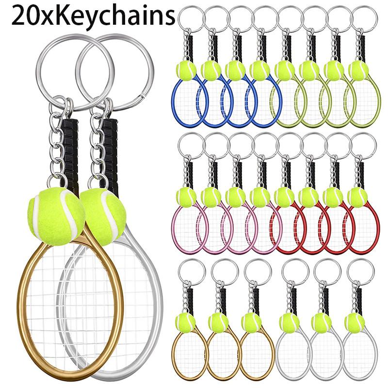 20Pcs Tennis Racket Keychains Tennis Key Ring Keychain Alloy Tennis Ball Split Ring Tennis Trinkets 