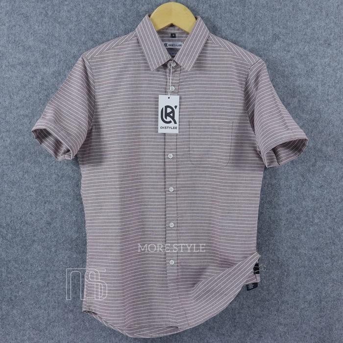 Kemeja Salur Pria Lengan Pendek Kemeja Garis-Garis Pria Terbaru Katun Oxford Premium