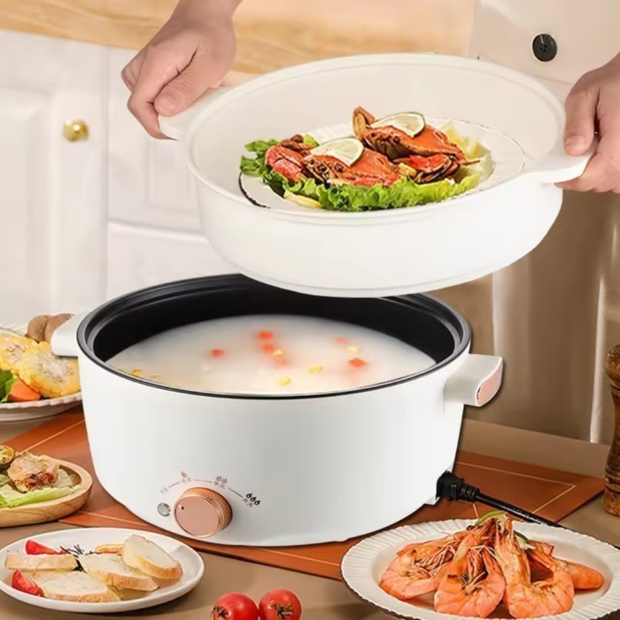 Aj Panci Listrik Jumbo 3L Besar Serbaguna Multifungsi + Dengan Kukusan Low Watt Steamer Putih 24 Cm