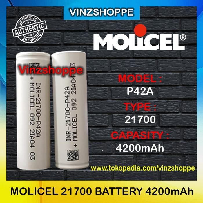 Authentic Battery MOLICEL 21700 P42A 4200mAh 45A - Baterai