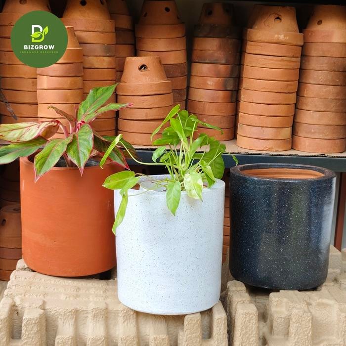 Pot Tanah Liat Motif Terazzo Duco Marmer/ Teraso Silinder Pot/ Pot Tabung Tanaman Hias Gerabah