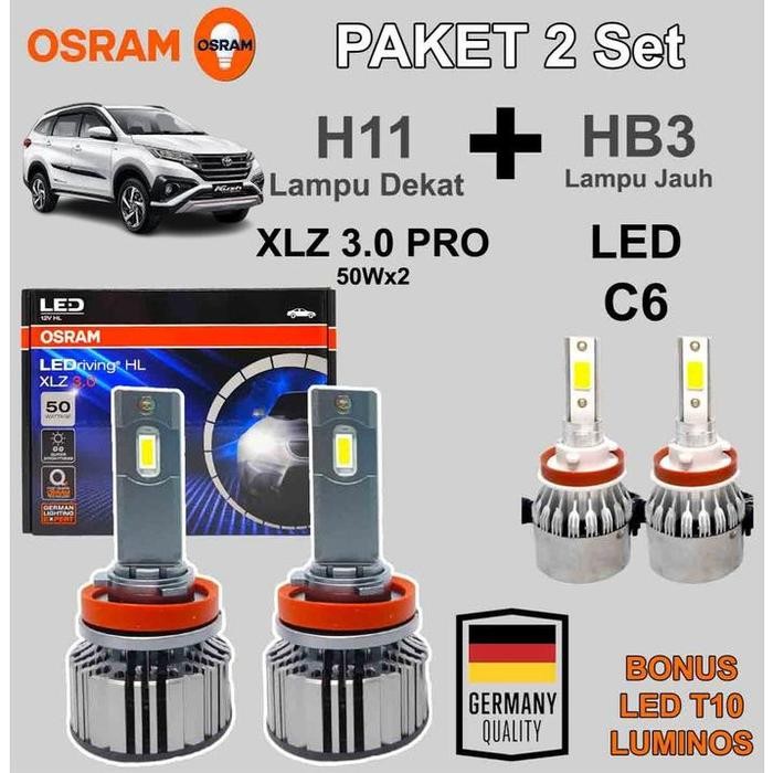 C - Paket Lampu Led New Rush H11 Osram Xlz + Led C6 Hb3 9005 Bohlam Led - Dekat+Jauh