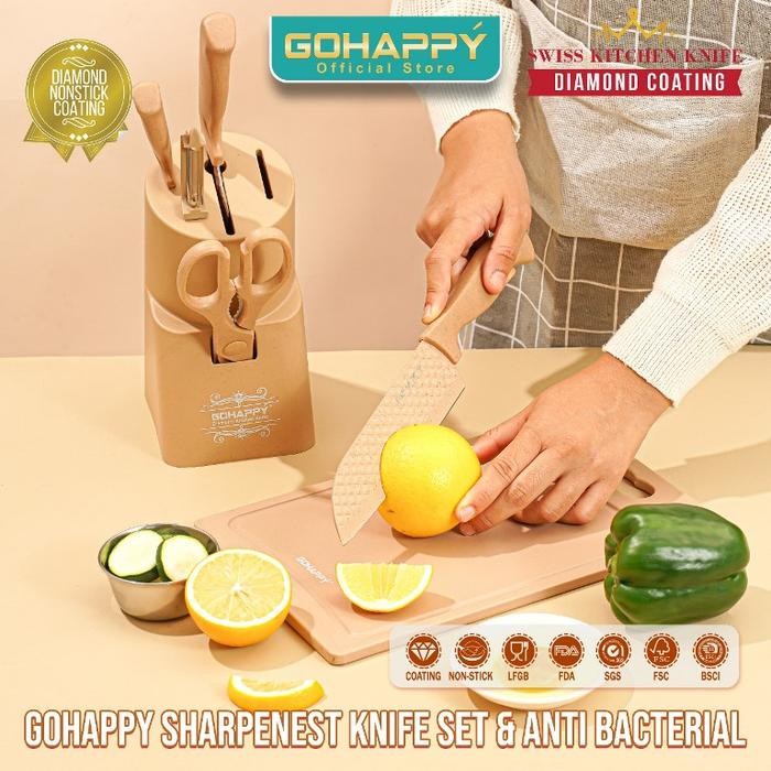 (TRENDNOW) PISAU SET 7 PCS DIAMOND GOHAPPY Plus KNIVES HOLDER WADAH PISAU Motif Knife set Terbukti