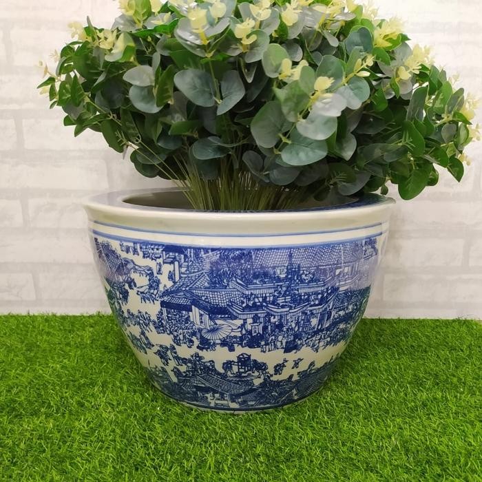 Pot Bunga Keramik Biru Putih Kansai Antik #001