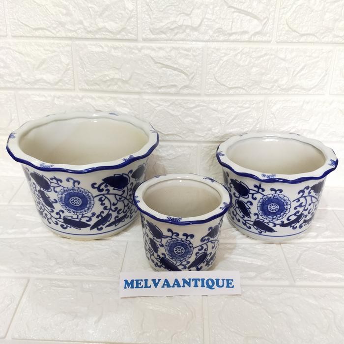 Pot Tanam Keramik set 3 pcs motif Bulat + pot tanam keramik
