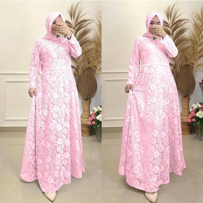 Maxi Dress Jumbo Wanita Muslim Bahan Brukat Tebal Model Terbaru 2024 Mewah Katun Polos Bunga Karet