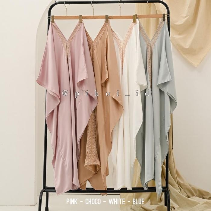 Kaftan Panjang Satin Wanita Dress Kaftan Putih Renda Baju Lebaran