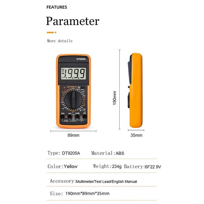 Multitester Multimeter Avometer Lcd Digital Dt-9205A Dt9205A