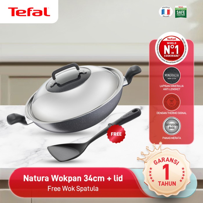 TEFAL WAJAN KUALI PENGGORENGAN ANTI LENGKET NATURA WOKPAN 34CM + TUTUP