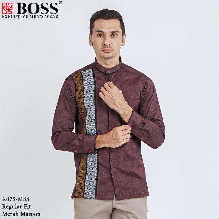 Product Laris Boss Kemeja Koko Pria Lengan Panjang Slim Fit K075 Merah Maroon