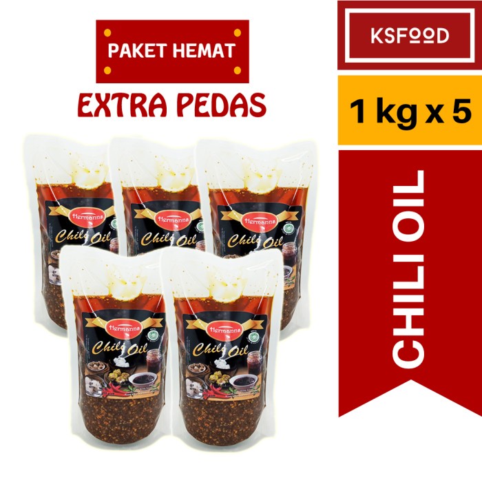 

terbaru !!! chili oil extra pedas 1 kg x 5 pcs (paket hemat) ready