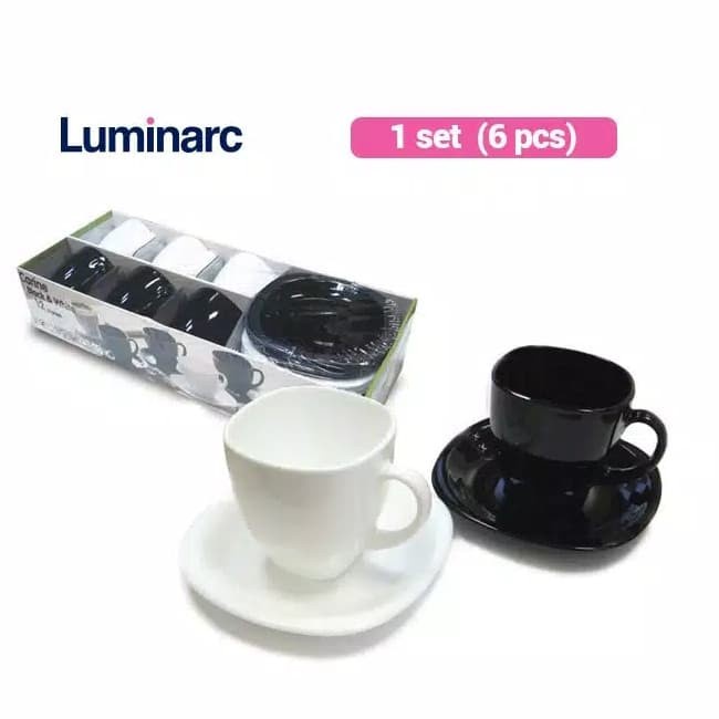 Luminarc cup and saucer/cangkir set 6 pasang carine black &White