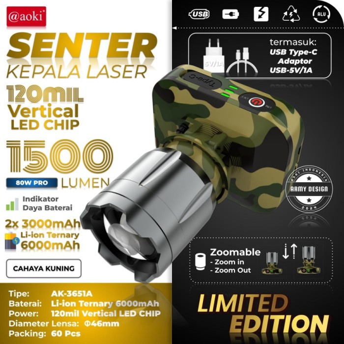 NEW AOKI 3651 Senter Kepala LED Zoom Laser 80 Watt 1500 Lumen Aoki AK-3651A/AK-3652K Army PRO Cahaya