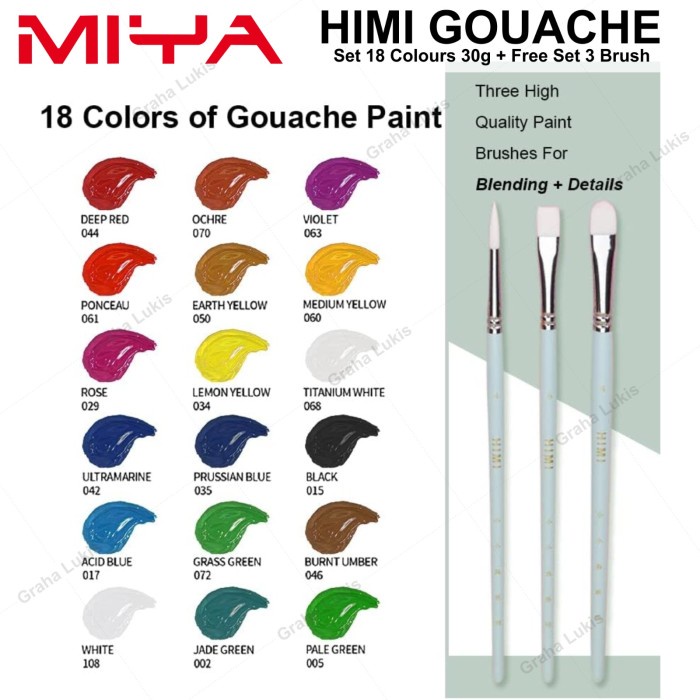 

Sale New Miya Himi Gouache Paint Cat Set 18Colors X 30Ml + Free Set 3 Brush