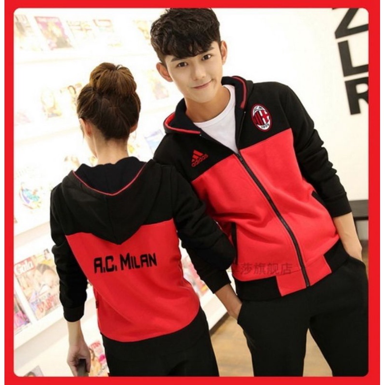 Wilson233 Couple Jaket Bola MILAN Olahraga Sepakbola Pasangan Unisex Merah Hitam Football Jacket