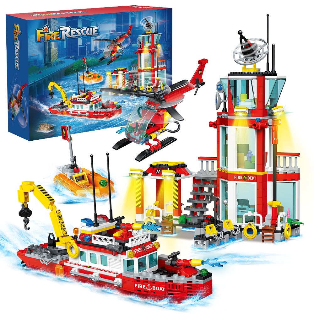 MCC City Fire Station Building Blocks Sets Marine Fire Department,Including Fire Station, Fire Boat 