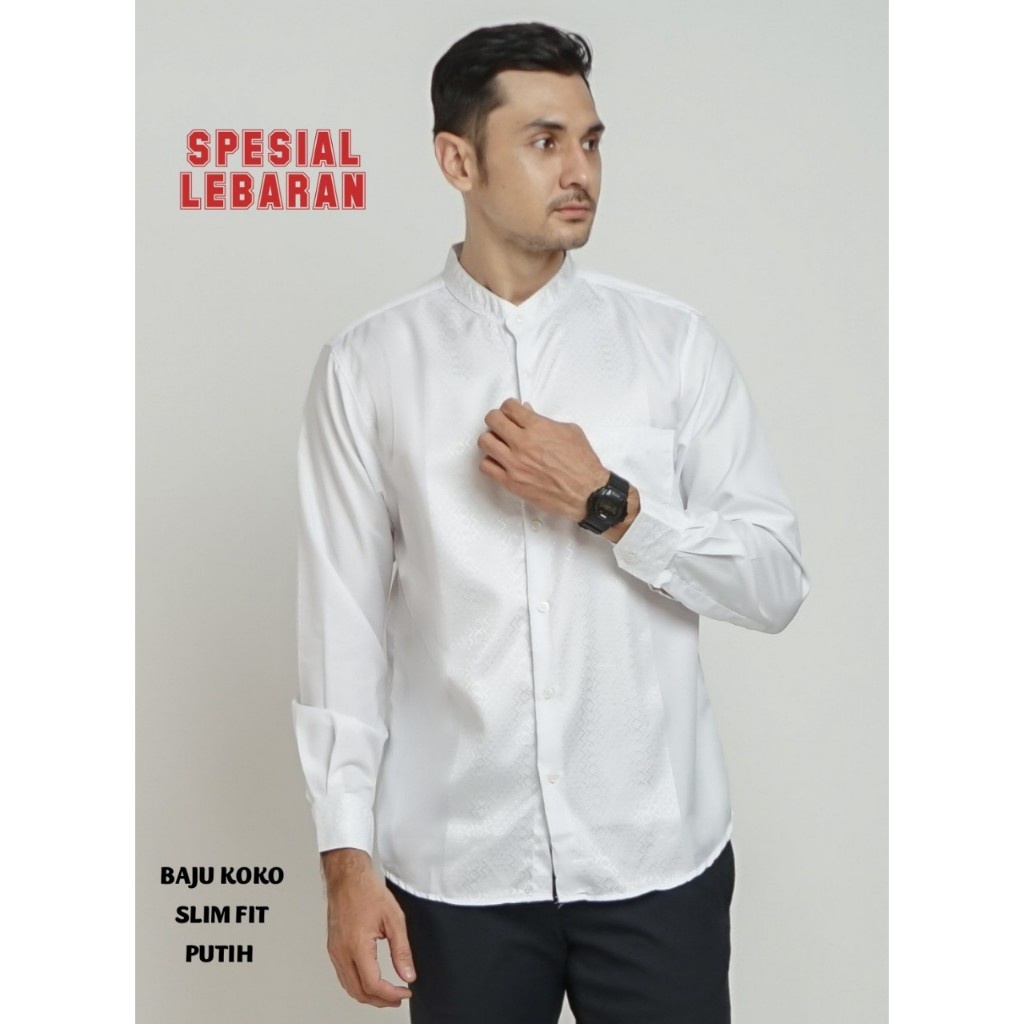 KODE H BAJU KOKO PRIA SLIM FIT KEMEJA KOKO LENGAN PANJANG PUTIH