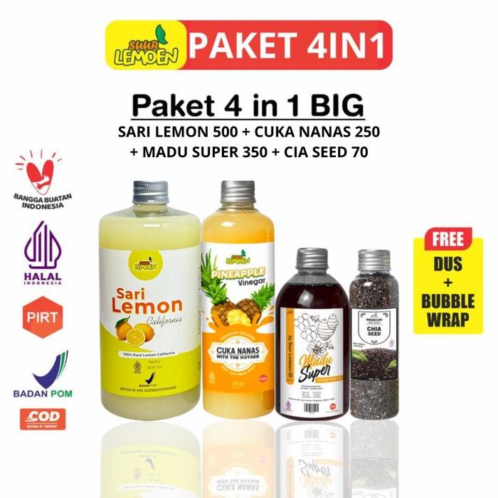

SUUR LEMOEN Paket 4 in 1 Cuka Apel 250ml Sari Lemon 500ml Madu Hutan Chia Seeds - Suur Lemoen Bekasi