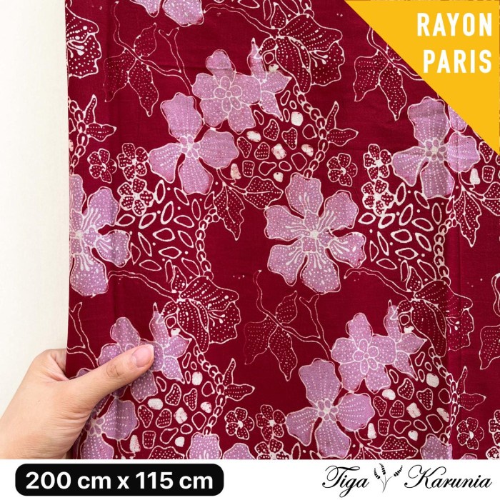 Kain Batik Cap Premium Solo Bunga Merah Ungu Rayon Paris