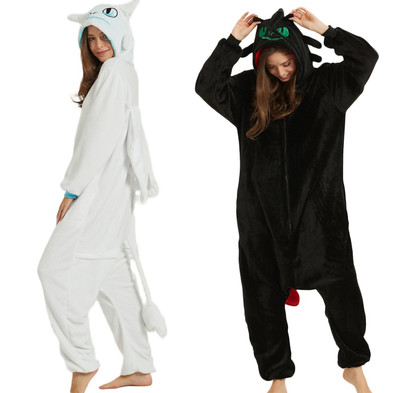 Toothless Dragon Kigurumi Onesie White Black Adult Unisex Flannel Pajama Anime Cosplay Costume Train