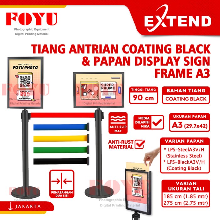 

Tiang Pembatas Antrian Black Pita Line Papan Display Sign Frame A3 Kode 110