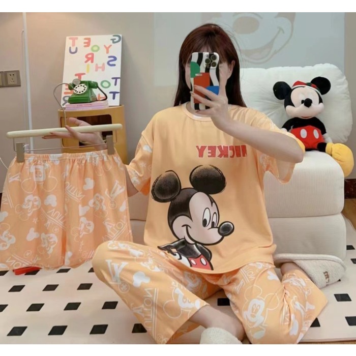 BAJU TIDUR SETELAN 3 IN 1 WANITA PIYAMA BAHAN KAOS SPANDEK