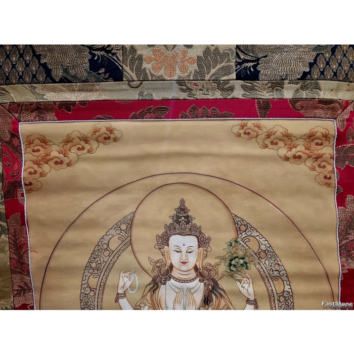Lukisan Thangka Dewi Kwanim 4Arms Tibet Bless Handcraft 120X85Cm E1890