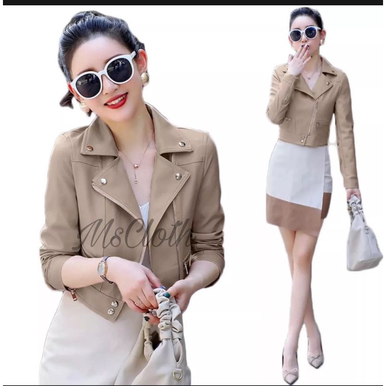 HOT DEALS Jaket crop putih/ jaket semi kulit wanita /jaket kulit sintetis