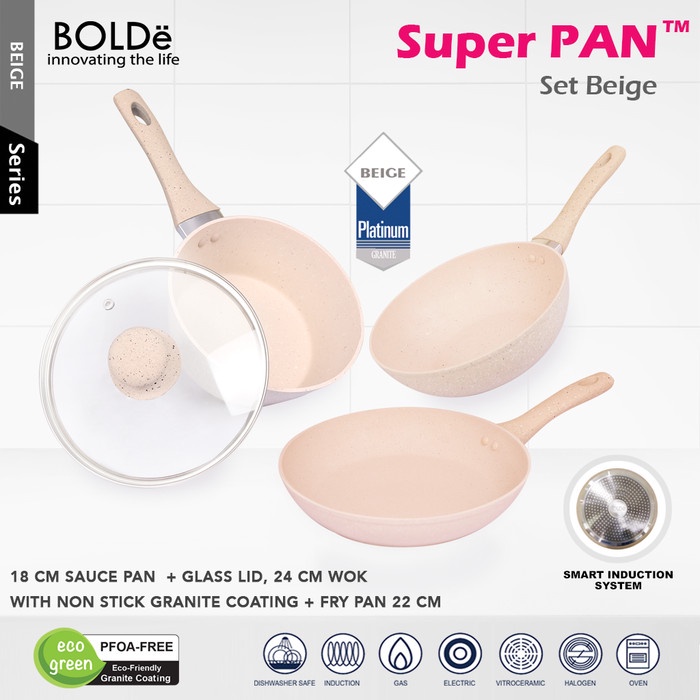 PROMO BOLDe SUPER PAN SET - BEIGE Panci Granite Ceramic Cookware Set Eco