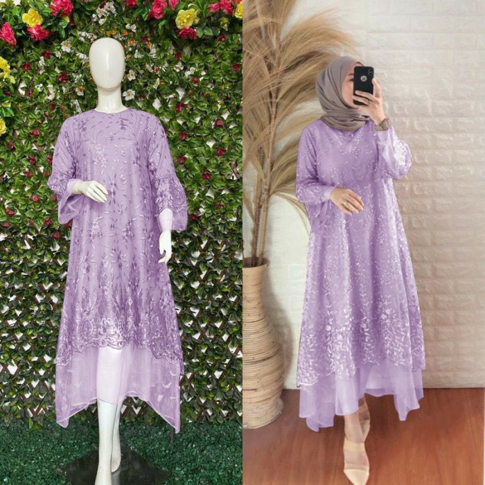 EKSLUSIF Tunik dress wanita bahan tile mutiara casual polos mewah panjang-ZAF