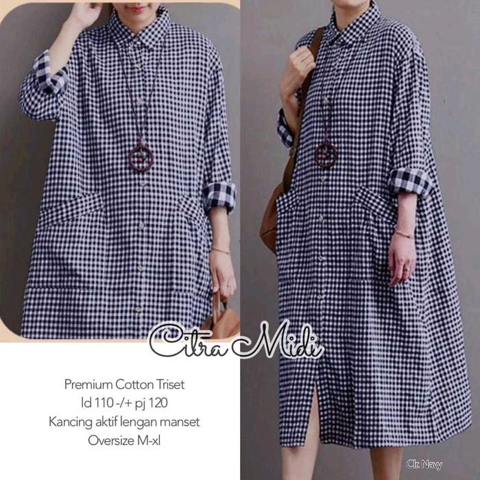 EKSLUSIF Citra Midi Dress By Bajoe.koe Motif Kotak-kotak Bahan Linen Midi Dress Wanita Muslim Simple