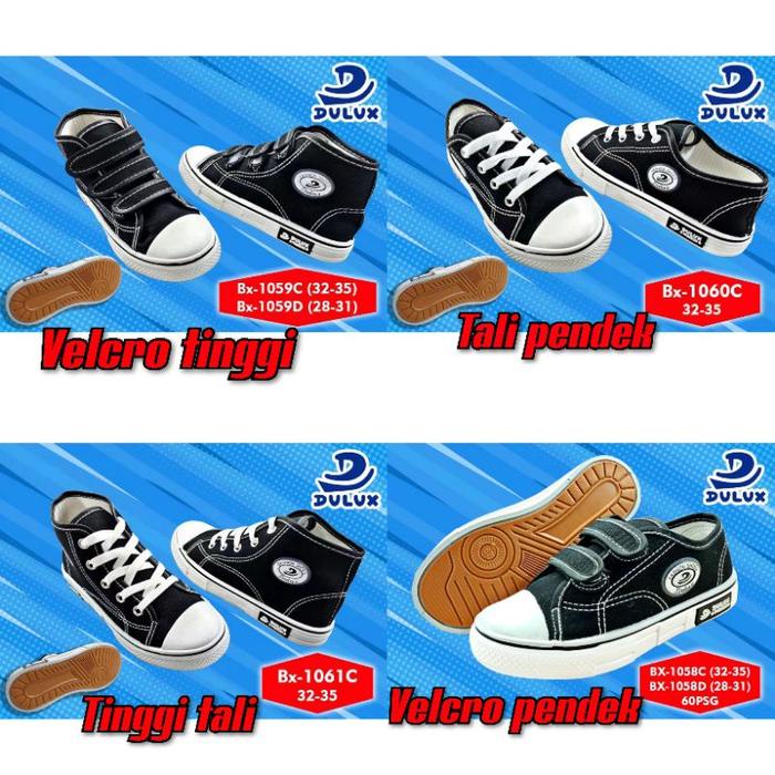 Dulux - Sepatu Sekolah Anak Hitam Putih Cewek Cowok / Sepatu Perekat Tinggi / Sepatu Tali Tinggi /