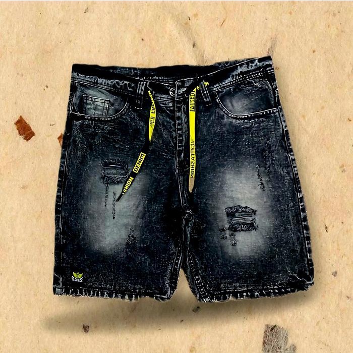 Celana Pendek Distro // Celana Pendek Pria // Celana Pendek Jeans Sobek Tali Kolor Dewasa Hitam