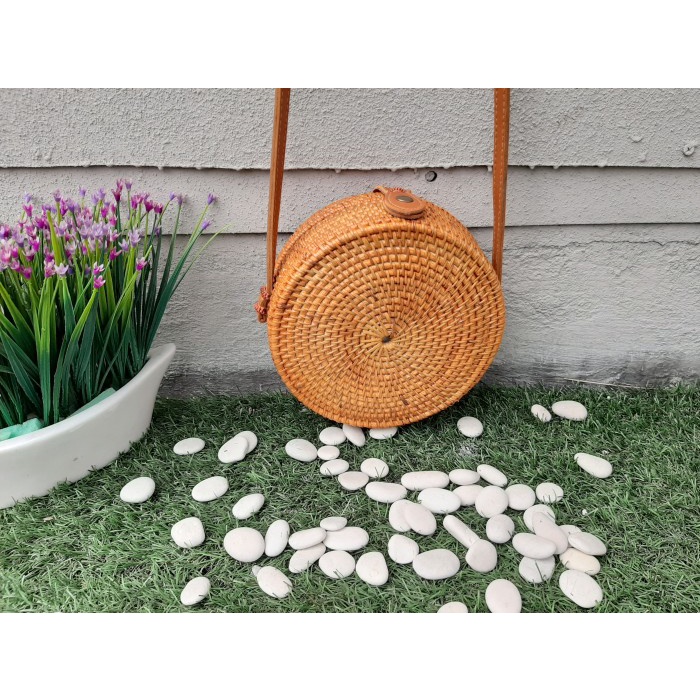 Tas bulat Asli rotan tali Ketak ukuran 18cm Bali lombok barang unik