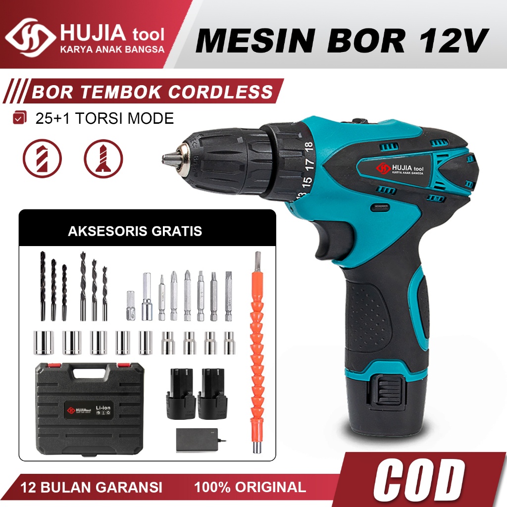 Diskon HUJIA Mesin Bor Baterai 12Volt Bor Cas 2 Batre 25+1 Bor Cordless Drill Bor Tangan Bor Baterai