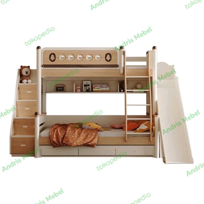 tempat tidur tingkat kayu mahoni bunk bed slide anak