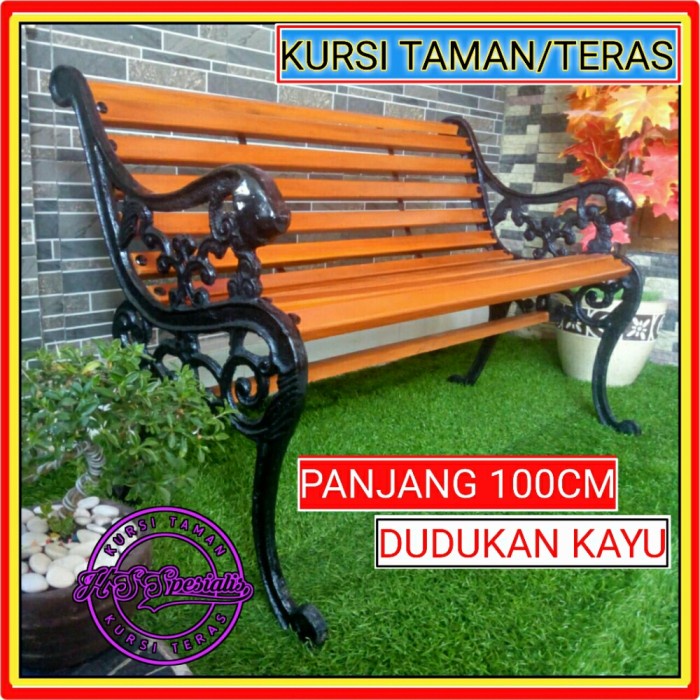 PREMIUM KURSI TAMAN KURSI TERAS BESI COR DUKUKAN KAYU 100CM