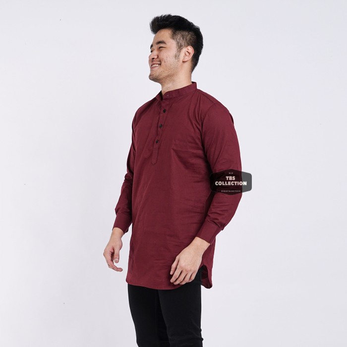 Baju Koko Kemeja Kurta Lengan Panjang Pria Cowok Merah Maroon Polos Best Seller