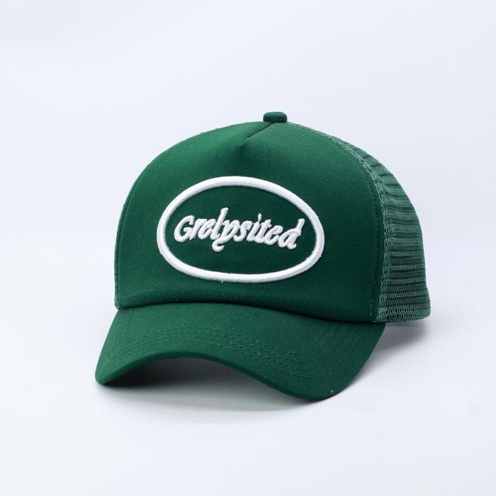 PREMIUM TOPI JARING TRUCKER HAT BAHAN TWILL LIDAH PENDEK HIJAU BOTOL GRELYSITED LOGO TIMBUL