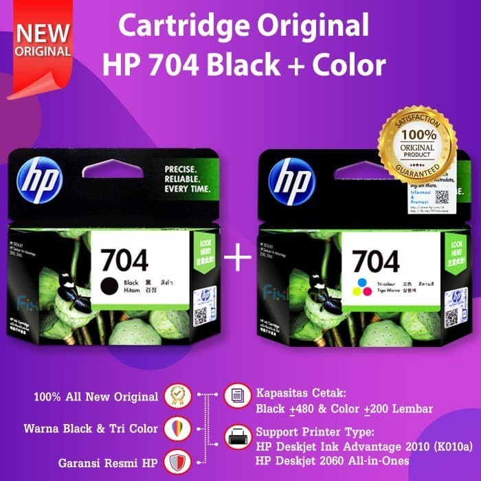 SET Cartridge HP 704 Black Color Tinta Printer Deskjet 2010 K010 2060