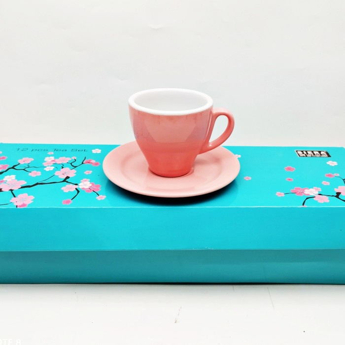 CANGKIR SET KERAMIK KOPI LATTE WARNA PINK POLOS FARVE 12 PCS KODE 1334