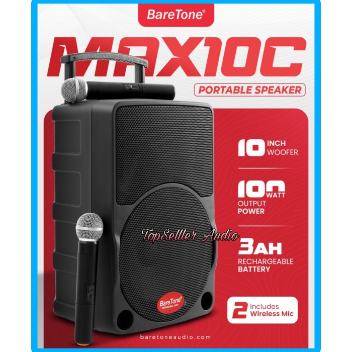 Speaker BareTone Portable 10 inch MAX10C Original Wireless Speaker BareTone 2 Microphone Wireless