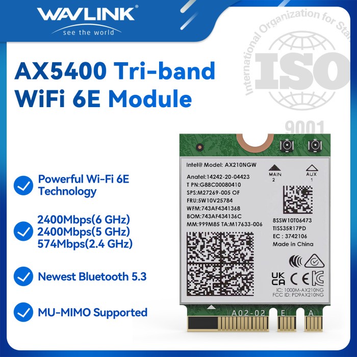 Modul Jaringan Nirkabel Wavlink WiFi 6E Intel AX210 Tri-Band 5400M 6G