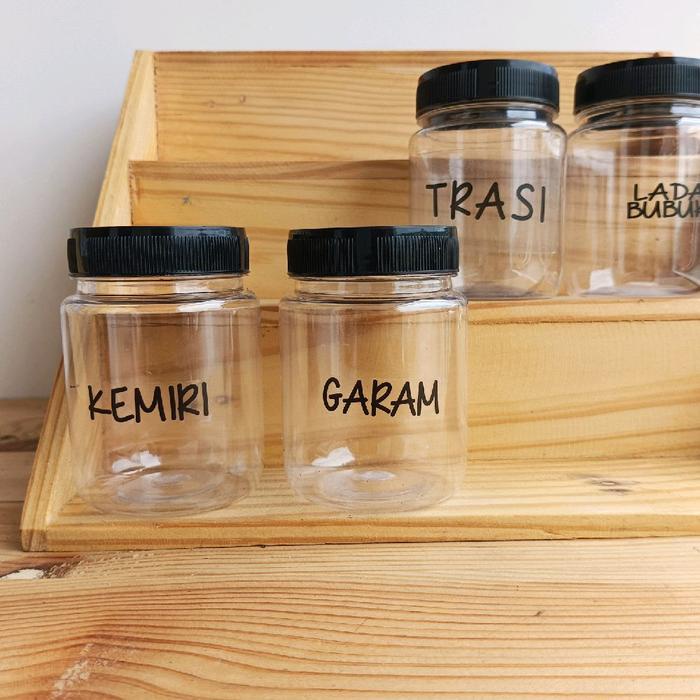 TERBARU Toples BULAT 200ml Tutup Hitam Bumbu Dapur Label Stiker Transfarant Waterproof