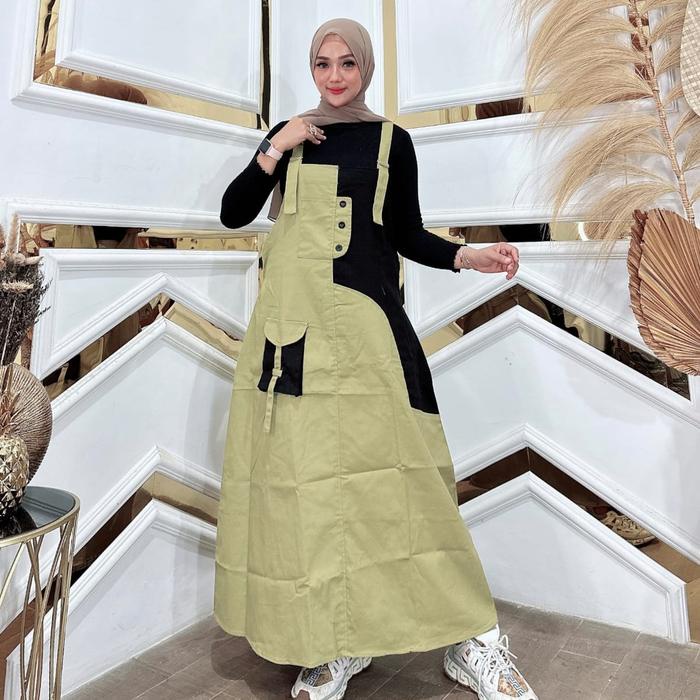 Jinny Overall Cargo Jumpsuit Wanita Terbaru Bahan Katun Combed Strict Panjang Maxi Dress Muslim