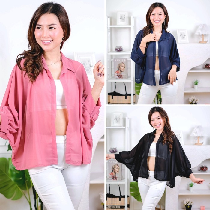 TERLENGKAP Baju Atasan Pakaian Outer Kerah Batwing Ootd Transparan Hitam Pink Putih Navy Army Polos