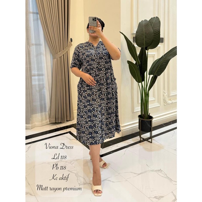 MURAH Viona Midi Dress Pakaian Pendek Baju Wanita Dewasa Rayon Viscose Motif Premium Baju Casual