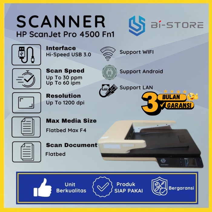 Scanner Folio Flatbed HP ScanJet Pro 4500 Fn1 Ada Wifi n Port LAN