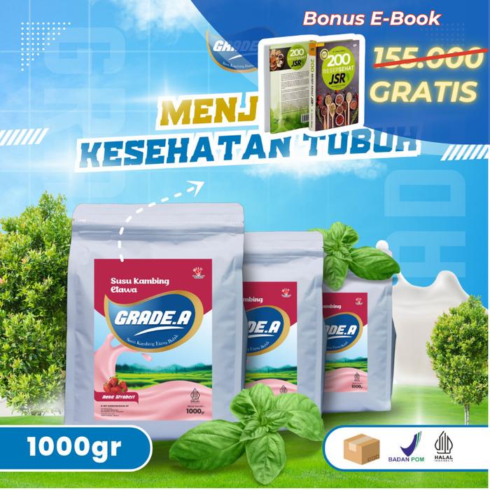 

terbaru !!! susu kambing etawa bubuk grade a dengan 7 varian rasa - 1000gr bonus ebook karya dr
